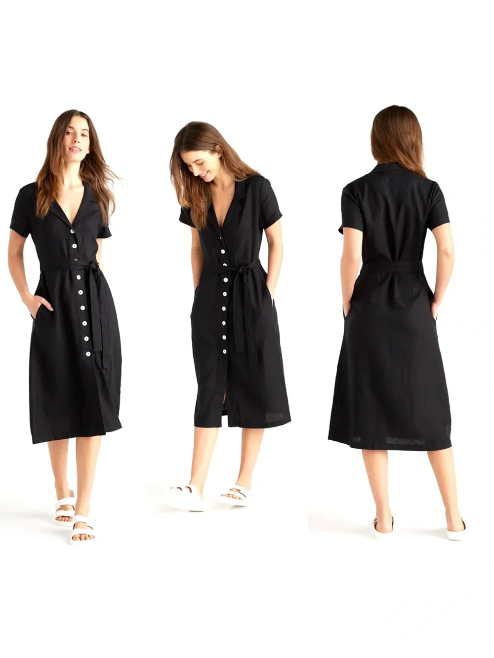 QUINCE black linen button front dress, size L